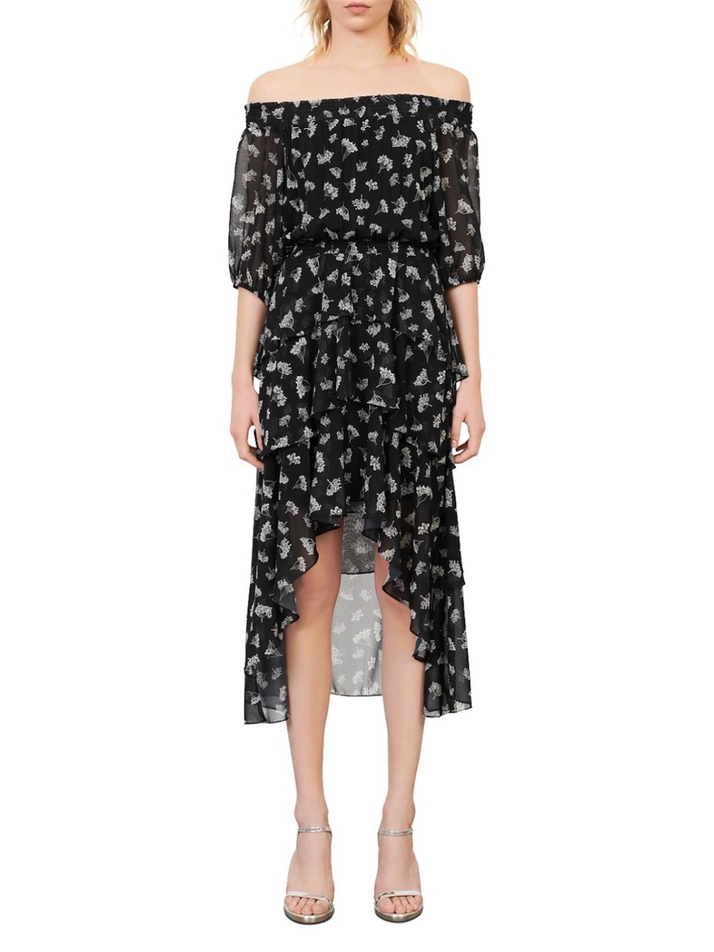 NWT Maje Renelle Printed Off The Shoulder Dress - Black Floral - US Medium